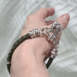Judith Ripka SS Heart Charm & Hunter Green Twisted Leather w/Heart Stone in Cntr